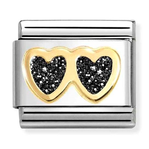COMPOSABLE Classic GLITTER in stainless steel with enamel and 18k gold (Black Double Heart) 030220/14