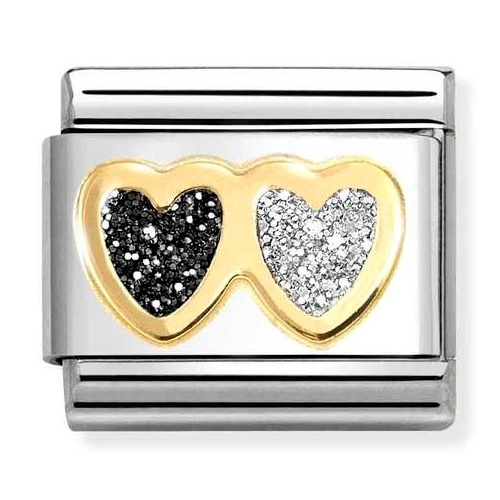 COMPOSABLE Classic GLITTER in stainless steel with enamel and 18k gold (Black Silver Double Heart) 030220/15