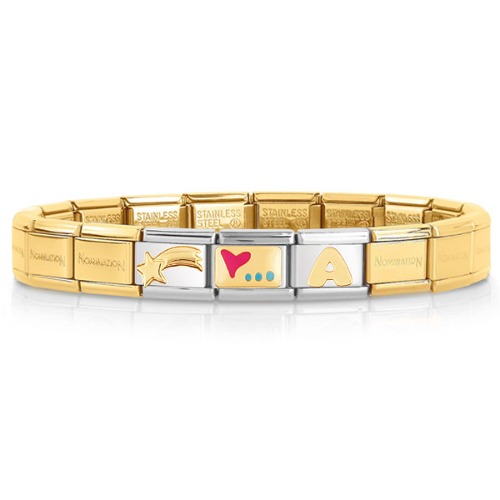 [조합] 컴포저블팔찌 Bracelet In Stainless Steel(Gold) With Shooting star+Heart with pink dots+GOLD Letters (030001/SI/008+030110/20+030206/42+골드이니셜택1)