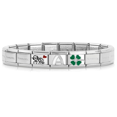 [조합] 컴포저블팔찌 Bracelet In Stainless Steel With Couple with heart+White Alphabeth+GREEN Clover (베이스+330208/10+화이트이니셜택1+330305/13)